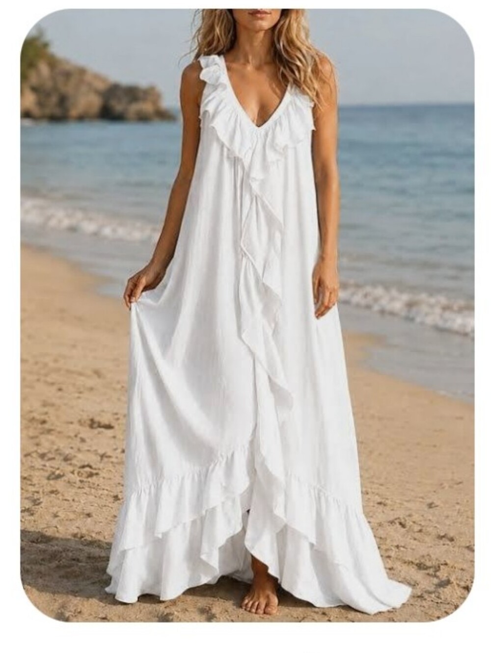 White Bohemian Linen Ruffle V-Neck Light Weight Maxi Dress/Cover Up Medium - Picture 11 of 13